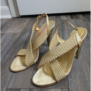 Betsey Johnson Pale Gold Woven Satin Glam Girl Heels Sandals 8 1/2M Y2K Strappy
